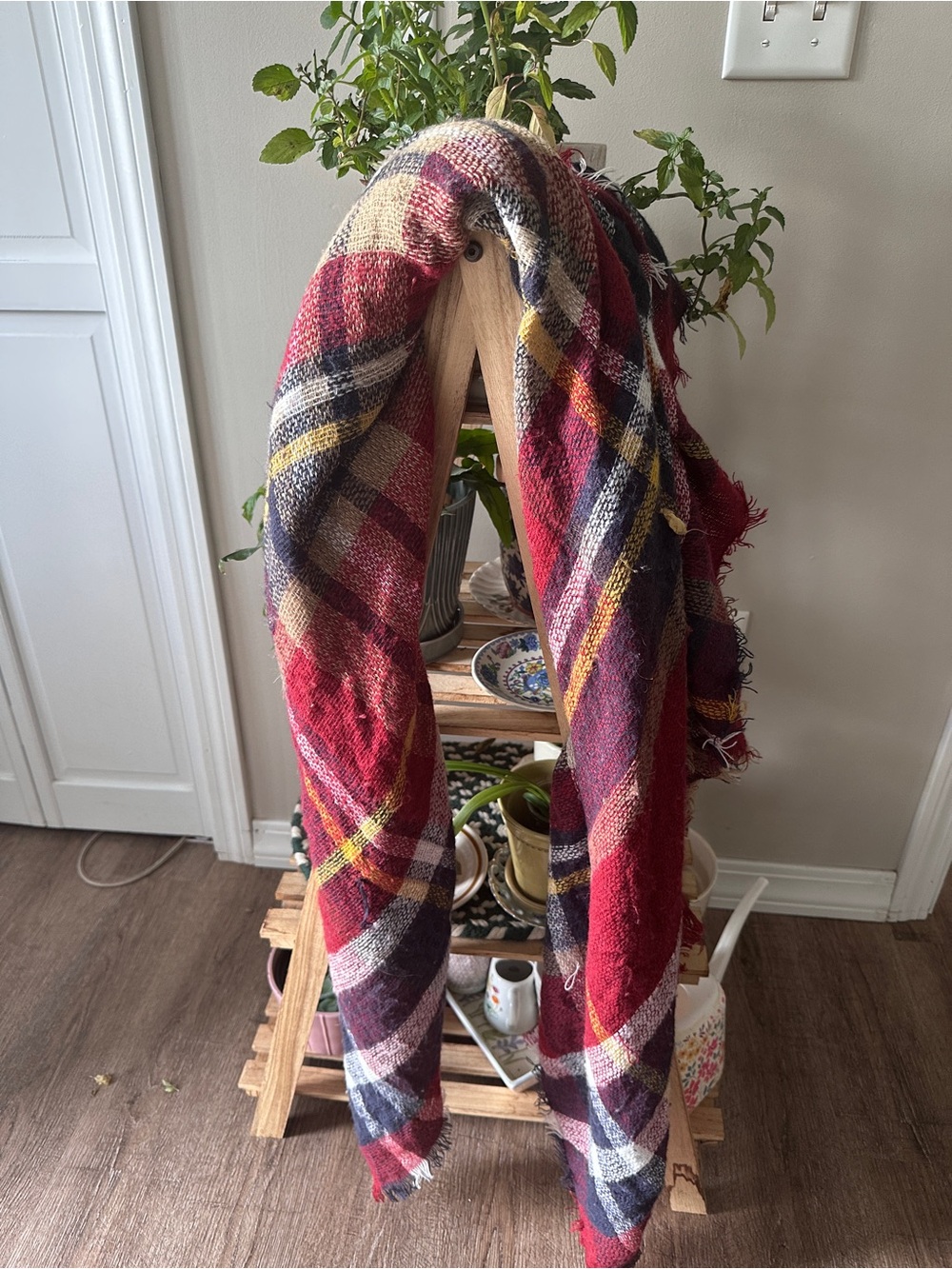 Red Plaid Blanket Scarf with Fringe - Women's Wrap